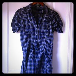 Express Button Down Navy and White Plaid Dress